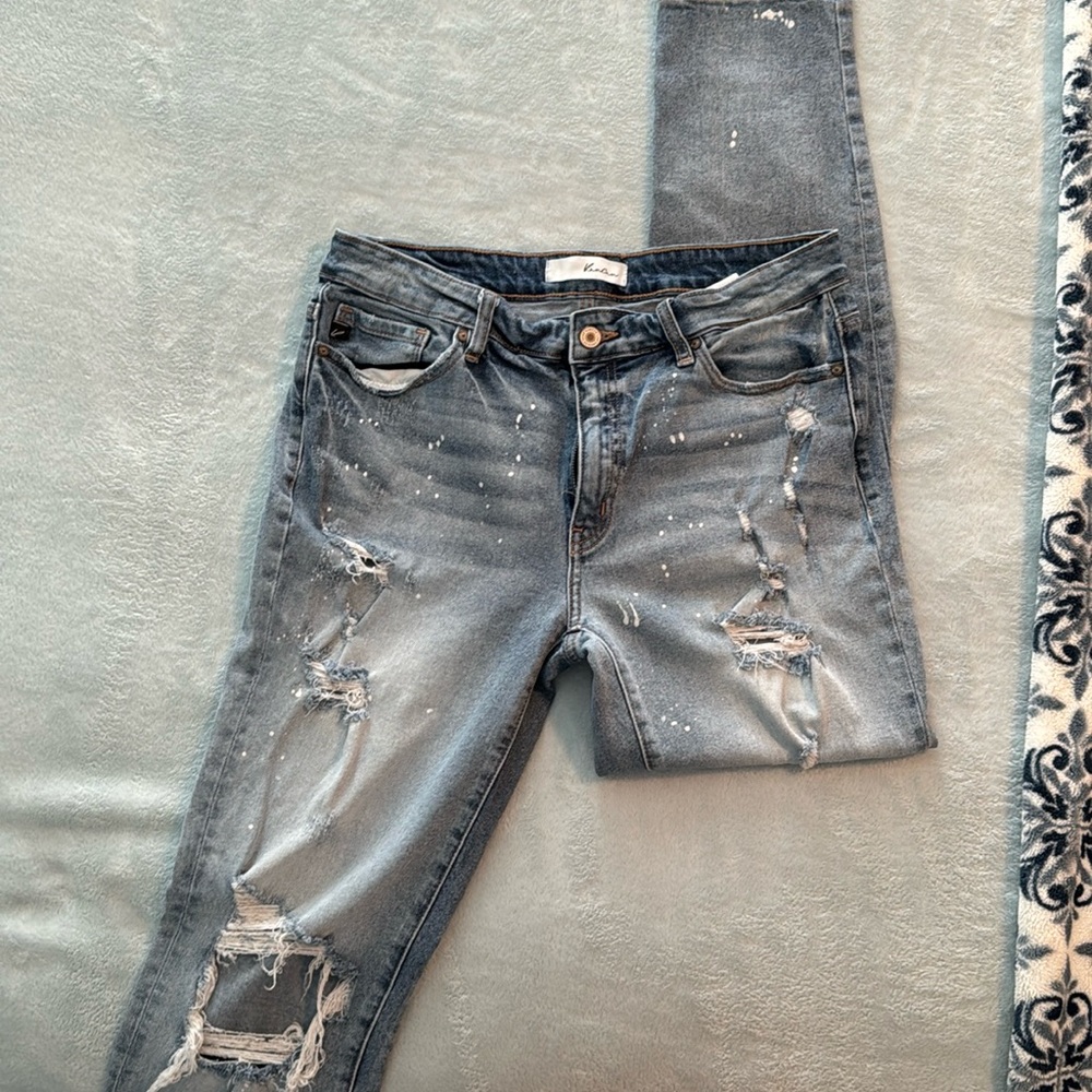 Kankan high waisted distressed light wash jeans slightly stretchy lightly worn